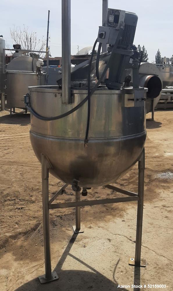 Used Groen 150 Gallon Stainless Steel Agitated Kettle, Model 150. Approximate 42" diameter x 32" deep. Flat top with covers and hinged lid, hemispherical bottom. Jacket rated 80 psi working pressure ...