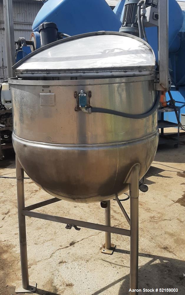 Used Groen 150 Gallon Stainless Steel Agitated Kettle, Model 150. Approximate 42" diameter x 32" deep. Flat top with covers and hinged lid, hemispherical bottom. Jacket rated 80 psi working pressure ...