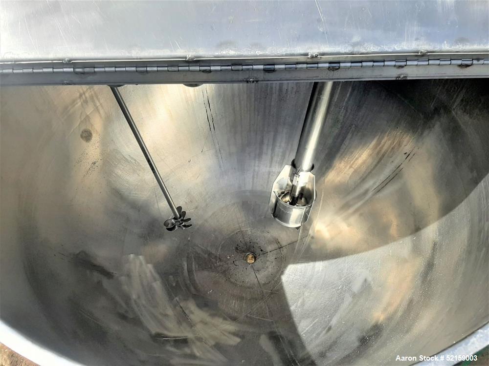 Used Groen 150 Gallon Stainless Steel Agitated Kettle, Model 150. Approximate 42" diameter x 32" deep. Flat top with covers and hinged lid, hemispherical bottom. Jacket rated 80 psi working pressure ...