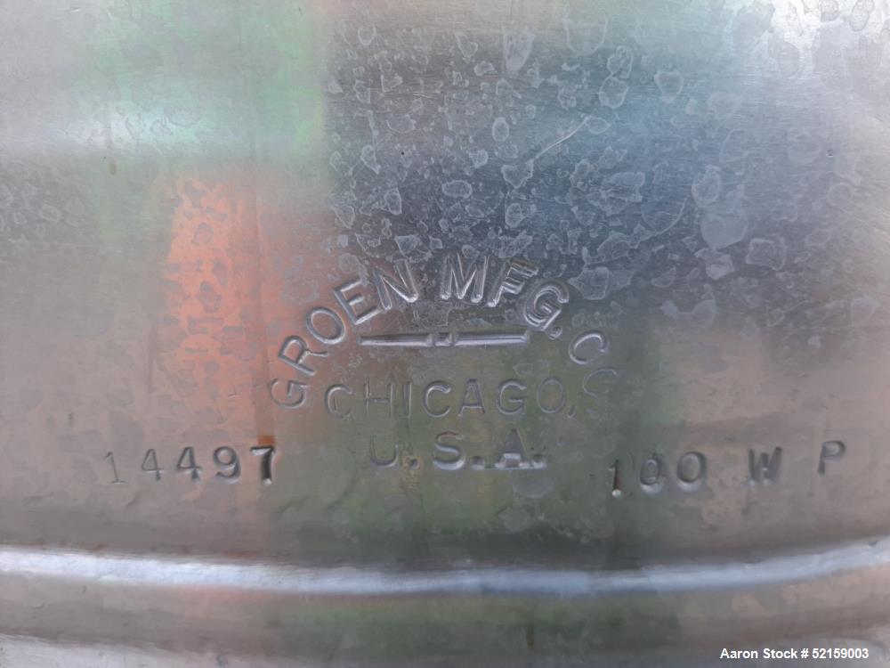 Used Groen 150 Gallon Stainless Steel Agitated Kettle, Model 150. Approximate 42" diameter x 32" deep. Flat top with covers and hinged lid, hemispherical bottom. Jacket rated 80 psi working pressure ...