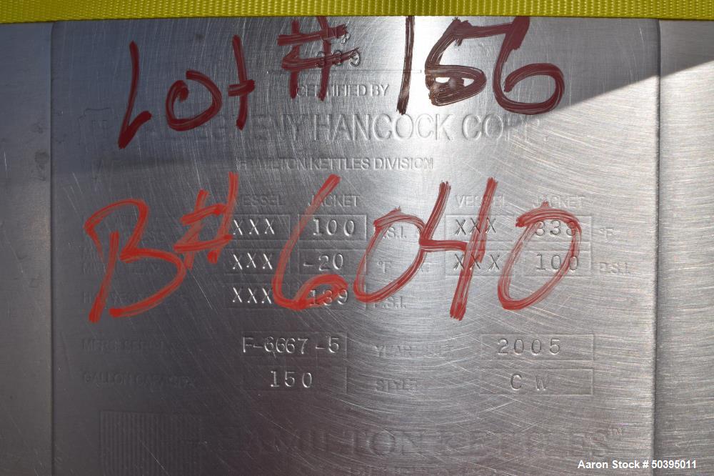 Used Hamilton Style CW Tilting Kettle, 150 Gallon, 316 Stainless Steel.