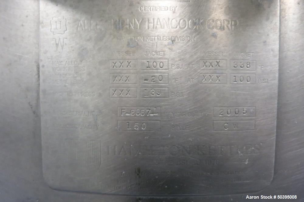 Used Hamilton Style CW Tilting Kettle, 150 Gallon, 316 Stainless Steel