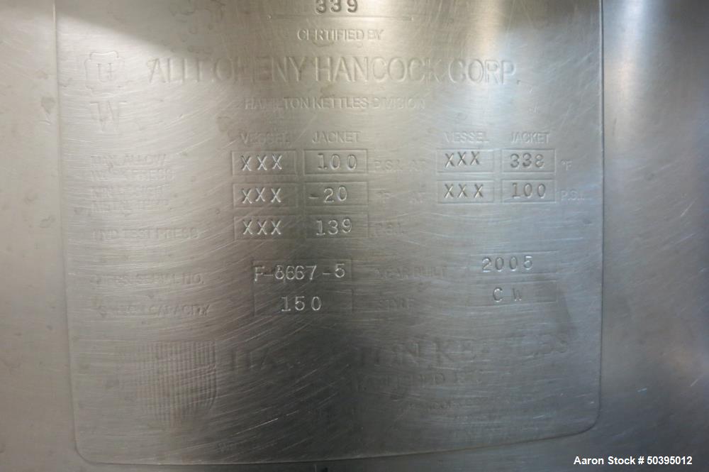 Used Hamilton Style CW Tilting Kettle, 150 Gallon, 316 Stainless Steel.