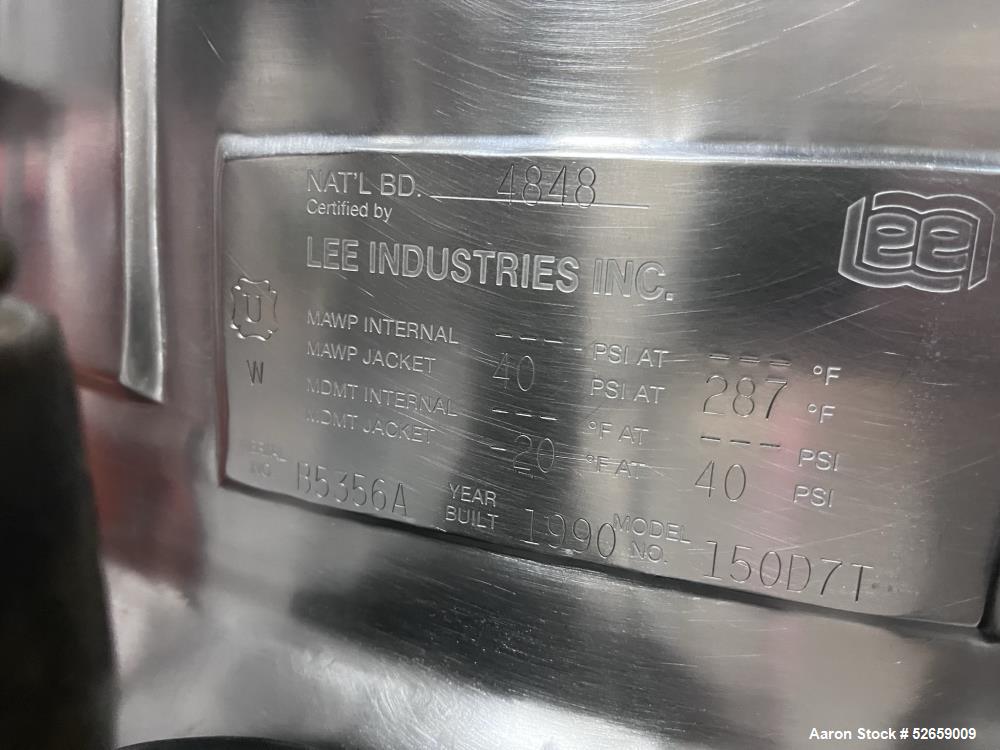 Used Lee Process Stainless Steel Kettle, Model 150D7T, 150 Gallon, 316 Stainless Steel, Vertical. 304 Stainless steel jacket rated 40 psi at -20 to 287 degrees F. Flat top, hemispherical bottom. Top ...