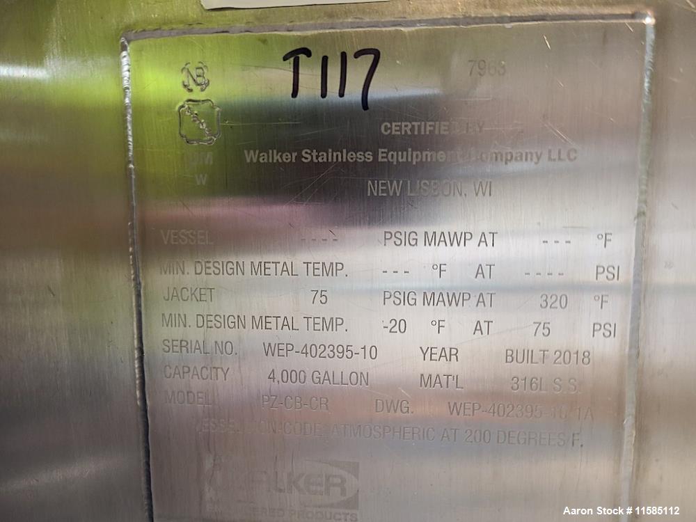 Used Walker 4000 Gallon 316L Stainless Steel Kettle – Jacketed, Double Motion Agitator, CIP, Polished, 2018