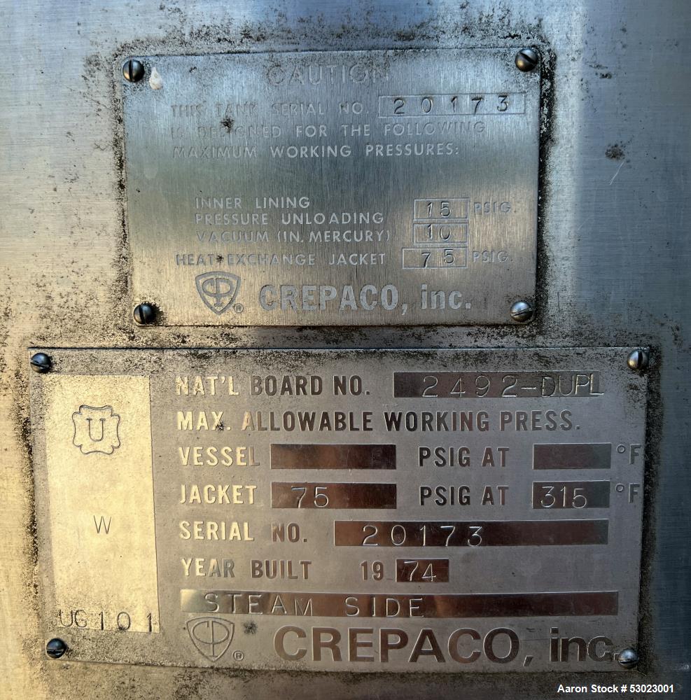 Used- APV Crepaco Stainless Steel Jacketed Kettle, Approximate 600 Gallon, 304 Stainless Steel, Vertical. Approximate 66" di...