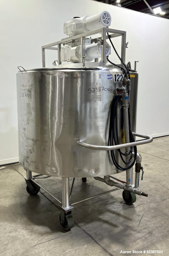 Used Crepaco Jacketed Mix Kettle, Stainless Steel, Model B, Approximately 500 Gallons. Flat top with agitator bridge and (2) 1/3 hinged covers, slight coned bottom. Approximately 60" diameter x 42" s...