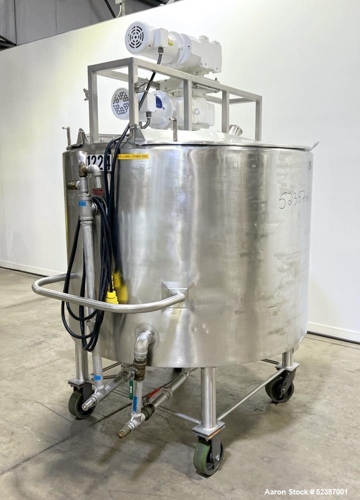 Used Crepaco Jacketed Mix Kettle, Stainless Steel, Model B, Approximately 500 Gallons. Flat top with agitator bridge and (2) 1/3 hinged covers, slight coned bottom. Approximately 60" diameter x 42" s...