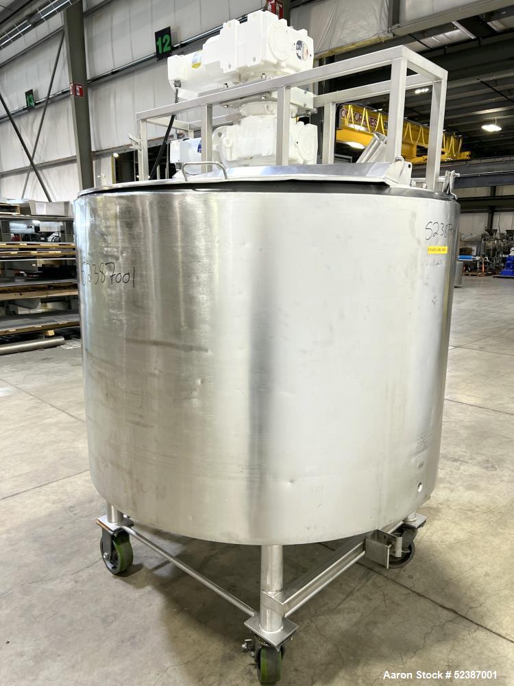 Used Crepaco Jacketed Mix Kettle, Stainless Steel, Model B, Approximately 500 Gallons. Flat top with agitator bridge and (2) 1/3 hinged covers, slight coned bottom. Approximately 60" diameter x 42" s...