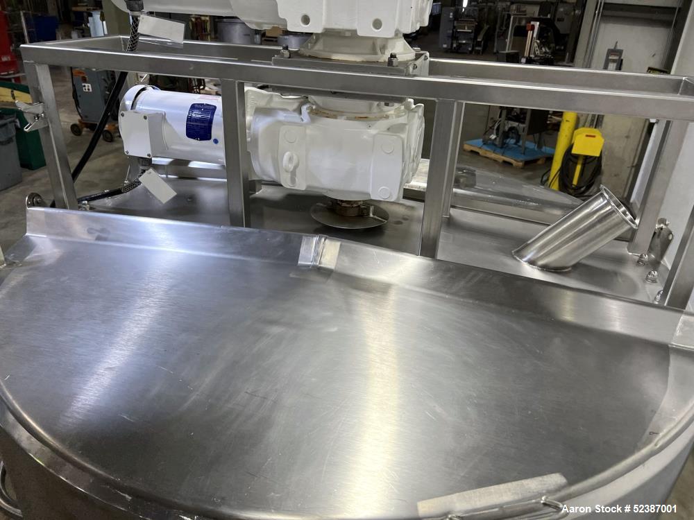 Used Crepaco Jacketed Mix Kettle, Stainless Steel, Model B, Approximately 500 Gallons. Flat top with agitator bridge and (2) 1/3 hinged covers, slight coned bottom. Approximately 60" diameter x 42" s...