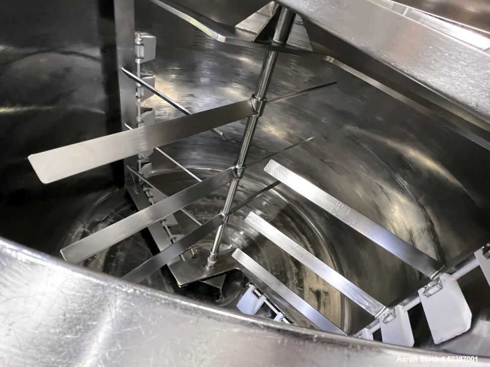 Used Crepaco Jacketed Mix Kettle, Stainless Steel, Model B, Approximately 500 Gallons. Flat top with agitator bridge and (2) 1/3 hinged covers, slight coned bottom. Approximately 60" diameter x 42" s...