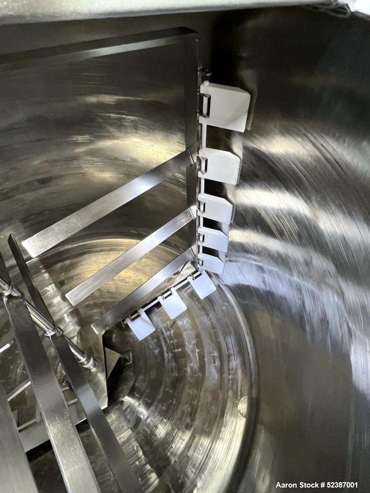 Used Crepaco Jacketed Mix Kettle, Stainless Steel, Model B, Approximately 500 Gallons. Flat top with agitator bridge and (2) 1/3 hinged covers, slight coned bottom. Approximately 60" diameter x 42" s...
