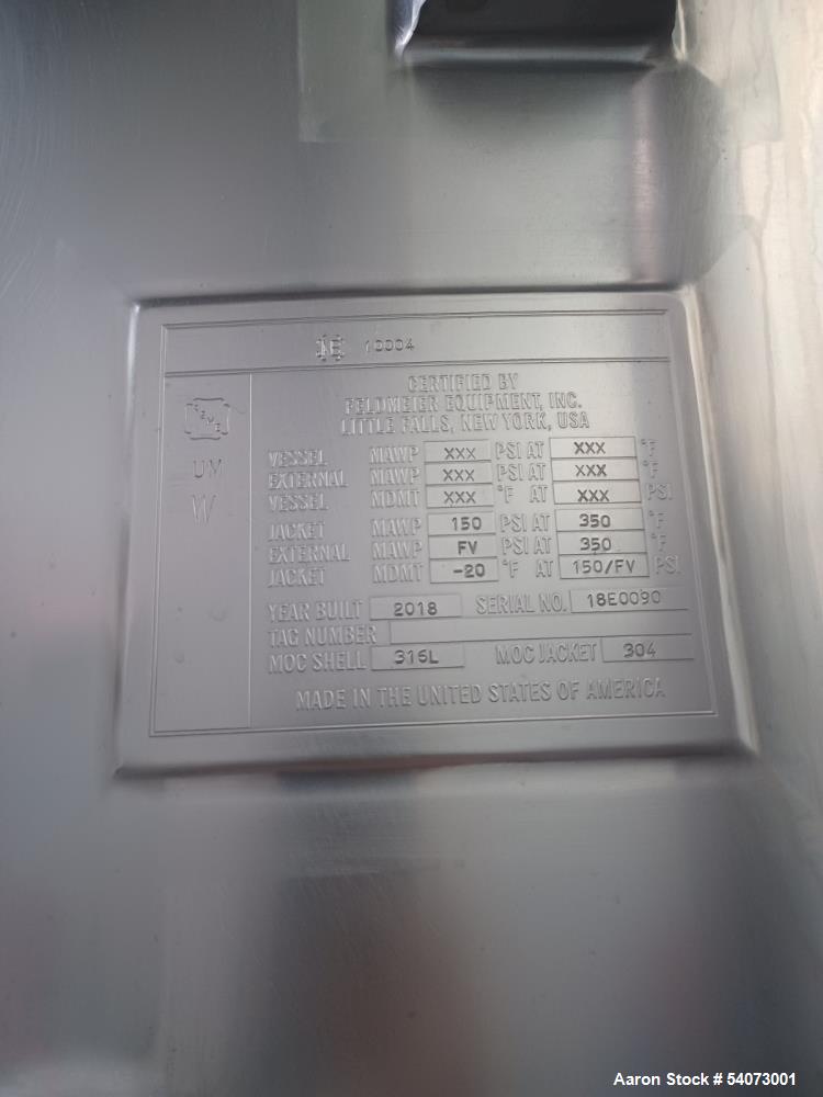 Used Feldmeier Cooker- Cooler Kettle, 650 Gallon, 316L Stainless steel Shell. 304 Stainless stee Jacket rated 150 psi @ 350 deg F.  S/n 18E0090.
