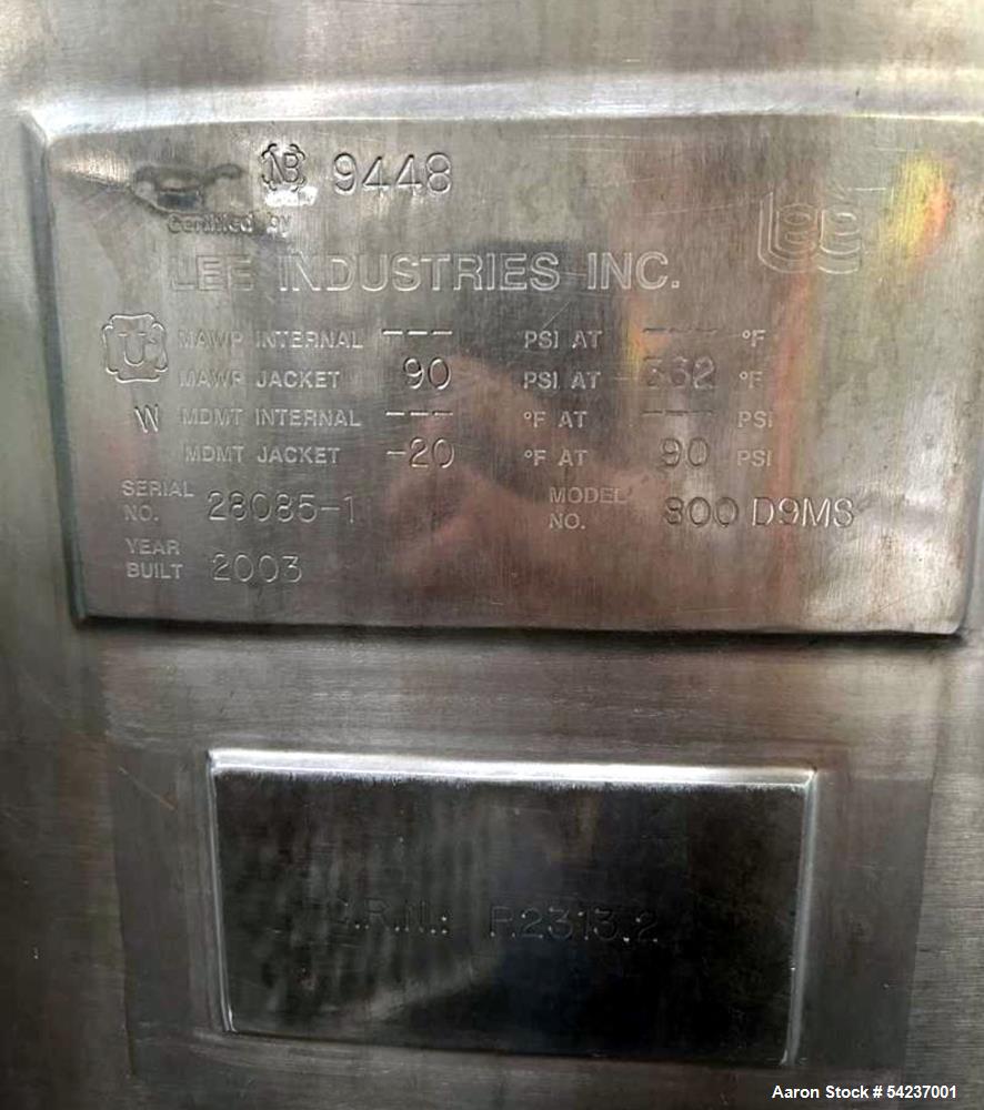 Used Lee Industries Double Motion Kettle, Model 800 D9MS, 800 Gallon Agitated Kettle, s/n 28085-1, NB # 9448, Year 2003.
