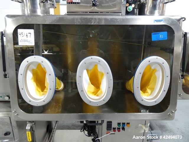 Used IsoTech Design Isolator, Model 150PROTECT. Stainless steel construction, 48" wide x 30" deep x 28" high chamber, single sided, (3) gloves, 20" x 20" x 24" long anti chamber with glove, end mount...