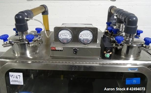 Used IsoTech Design Isolator, Model 150PROTECT. Stainless steel construction, 48" wide x 30" deep x 28" high chamber, single sided, (3) gloves, 20" x 20" x 24" long anti chamber with glove, end mount...