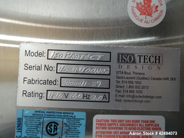 Used IsoTech Design Isolator, Model 150PROTECT. Stainless steel construction, 48" wide x 30" deep x 28" high chamber, single sided, (3) gloves, 20" x 20" x 24" long anti chamber with glove, end mount...