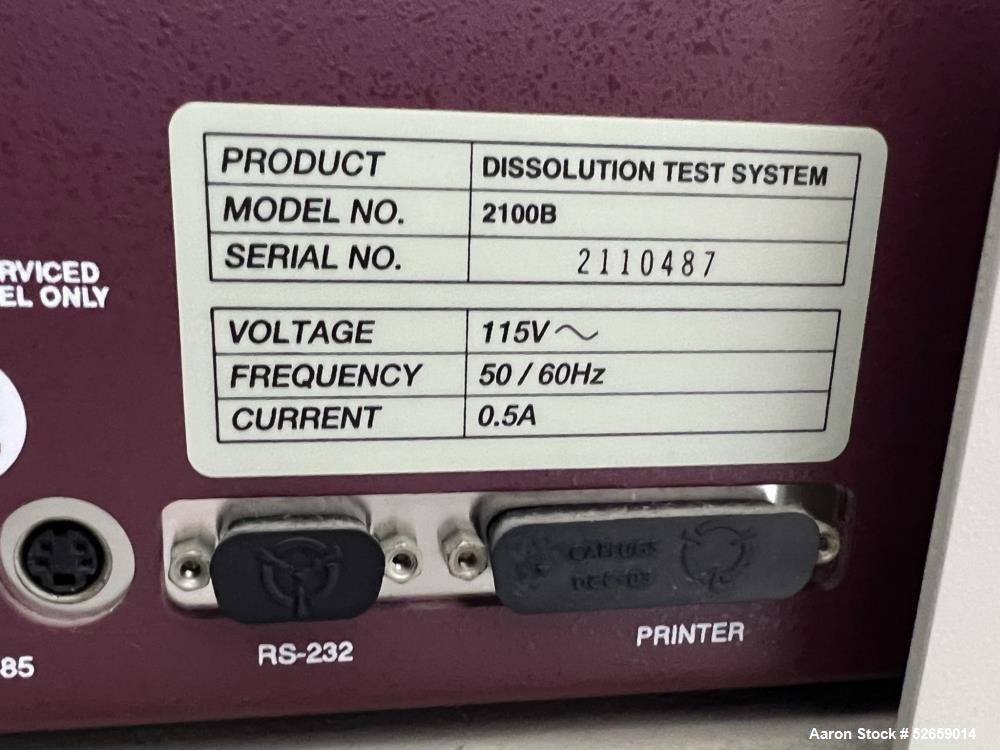 Used- Distek Dissolution System, Model 2100B.(6) built in vessel positions, 500ml to 1000ml Volume. 25-250rpm control range....