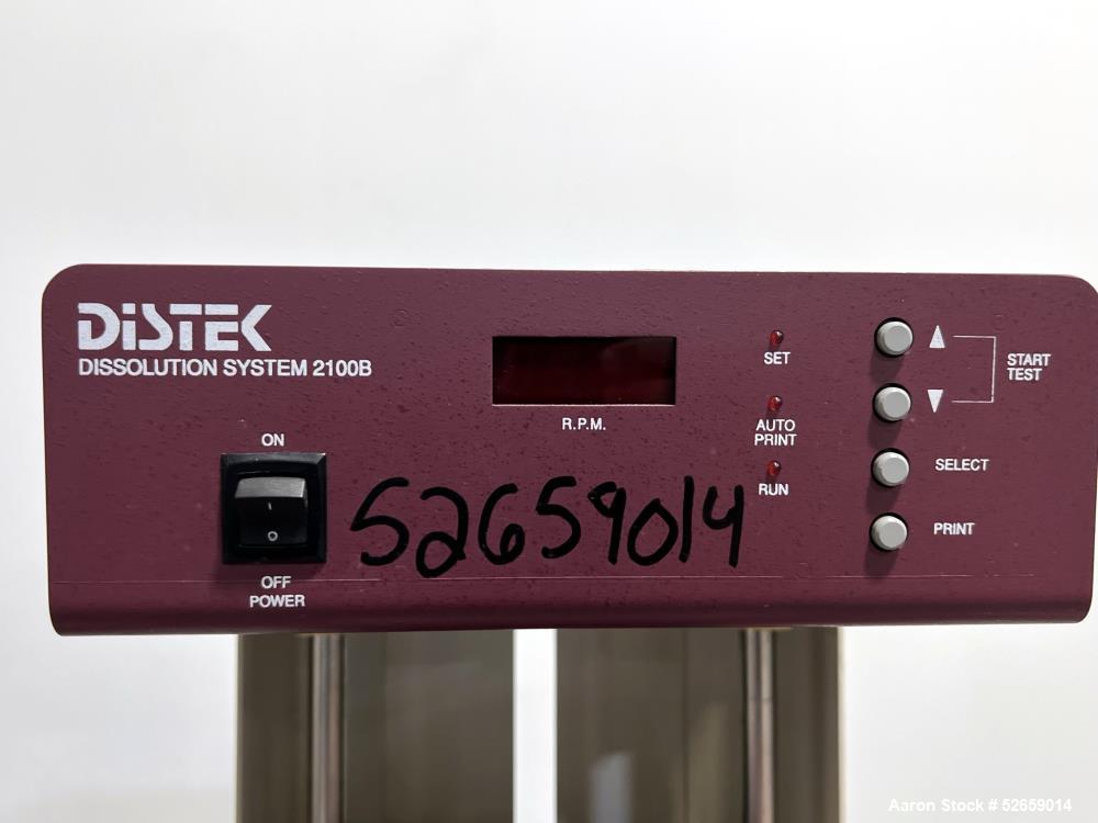 Used- Distek Dissolution System, Model 2100B.(6) built in vessel positions, 500ml to 1000ml Volume. 25-250rpm control range....