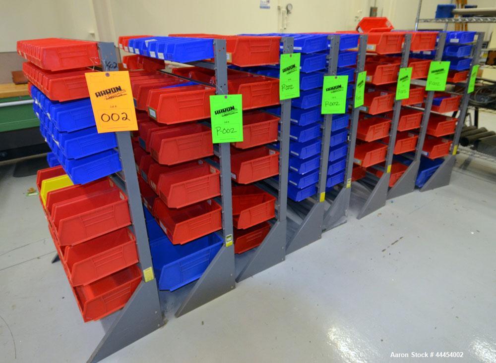 Used (1) Lot of (8) Akro-Mills parts packs with plastic bins, each approximately 36" wide x 14" deep x 63" tall.