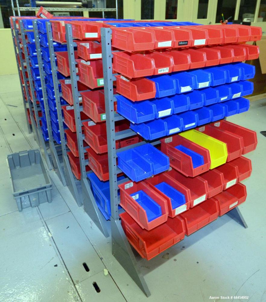 Used (1) Lot of (8) Akro-Mills parts packs with plastic bins, each approximately 36" wide x 14" deep x 63" tall.