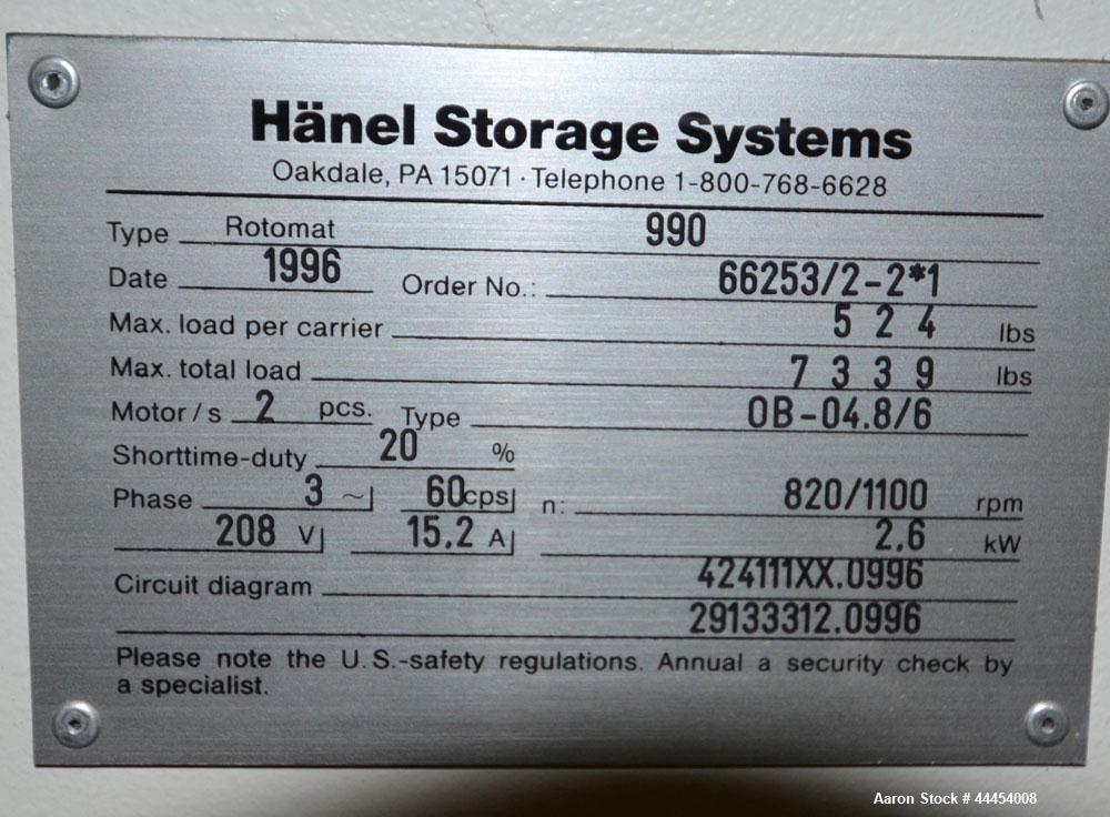 Used Hanel Storage Systems Type 990 Rotomat Industrial Storage Carousel. Maximum payload per shelf 524 pounds, maximum total load 7,339 pounds. Approximately (14) 112" long x 24" deep shelves, spaced...