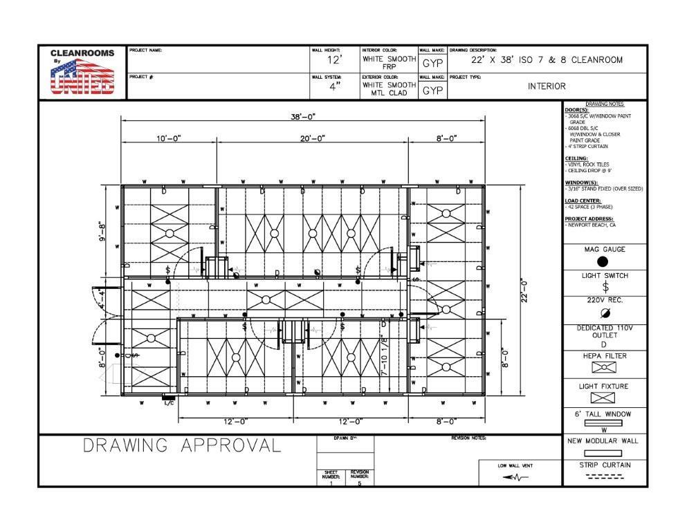 Used United Cleanroom | 22' x 38' x 12' | ISO 7 & ISO 8 | 5 Rooms + Hallway | 220V