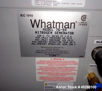 Used Whatmann UHP Nitrogen Generator, Model 76-94. 60# Minimum inlet pressure, 125 psi maximum outlet pressure, 60-100 f temp range, 120 volt, serial# E1399.