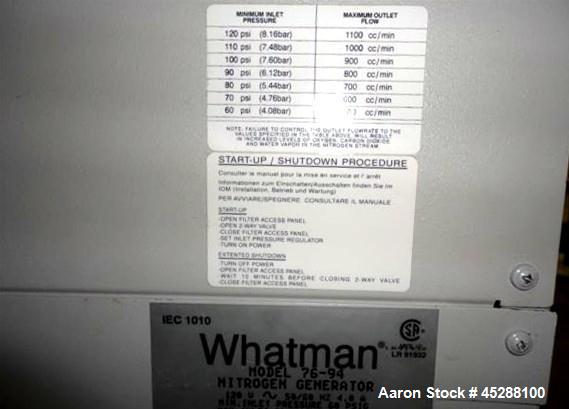 Used Whatmann UHP Nitrogen Generator, Model 76-94. 60# Minimum inlet pressure, 125 psi maximum outlet pressure, 60-100 f temp range, 120 volt, serial# E1399.