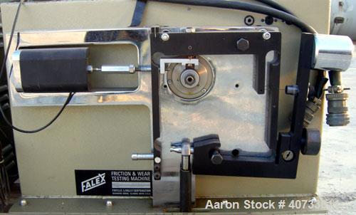 Used Falex friction and wear testing machine, model Falex-1 Ring and Block. Test speed 9 to 3600 rpm, load 5 to 1300 lbs, temperature up to 400 degrees F. Driven by an approximate 2 hp DC gearmotor. ...