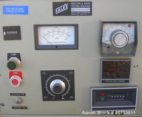 Used Falex friction and wear testing machine, model Falex-1 Ring and Block. Test speed 9 to 3600 rpm, load 5 to 1300 lbs, temperature up to 400 degrees F. Driven by an approximate 2 hp DC gearmotor. ...