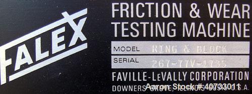Used Falex friction and wear testing machine, model Falex-1 Ring and Block. Test speed 9 to 3600 rpm, load 5 to 1300 lbs, temperature up to 400 degrees F. Driven by an approximate 2 hp DC gearmotor. ...