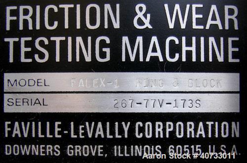 Used Falex friction and wear testing machine, model Falex-1 Ring and Block. Test speed 9 to 3600 rpm, load 5 to 1300 lbs, temperature up to 400 degrees F. Driven by an approximate 2 hp DC gearmotor. ...