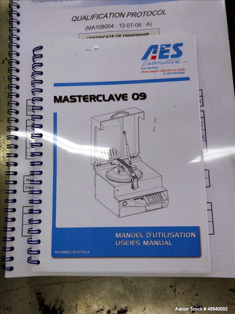Used AES Bench top Masterclave, Model Masterclave 09. Capacity 1 to 9 liters. Sterilization temperature 95 - 125 degrees C. Sterilization duration 1 to 60 minutes. 316 Stainless steel chamber approxi...