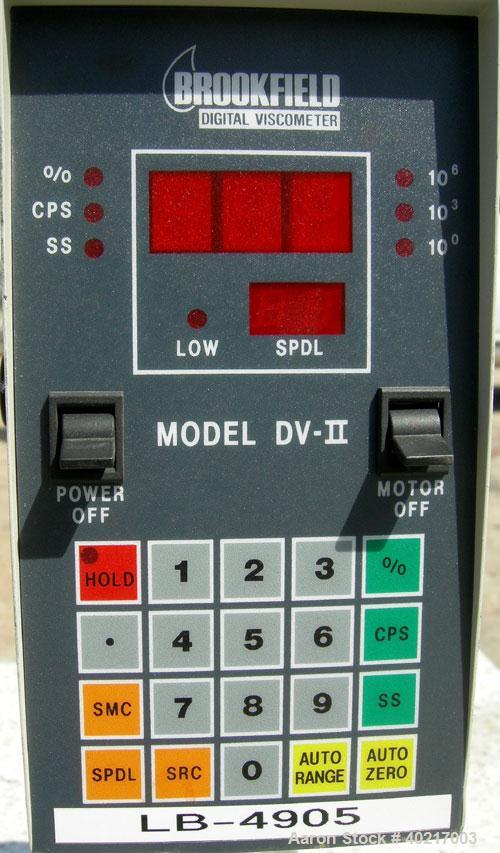 Used Brookfield low viscosity digital viscometer, model LVTDV-II.  8 speed digital controls, viscosity range rated 15 centipoise to 8 million centipoise.  1/60/115 volt.  Mounted on a carbon steel ba...