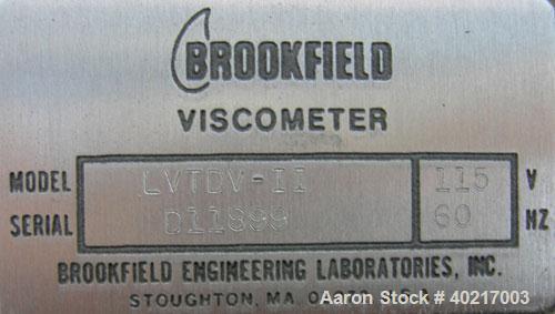 Used Brookfield low viscosity digital viscometer, model LVTDV-II.  8 speed digital controls, viscosity range rated 15 centipoise to 8 million centipoise.  1/60/115 volt.  Mounted on a carbon steel ba...
