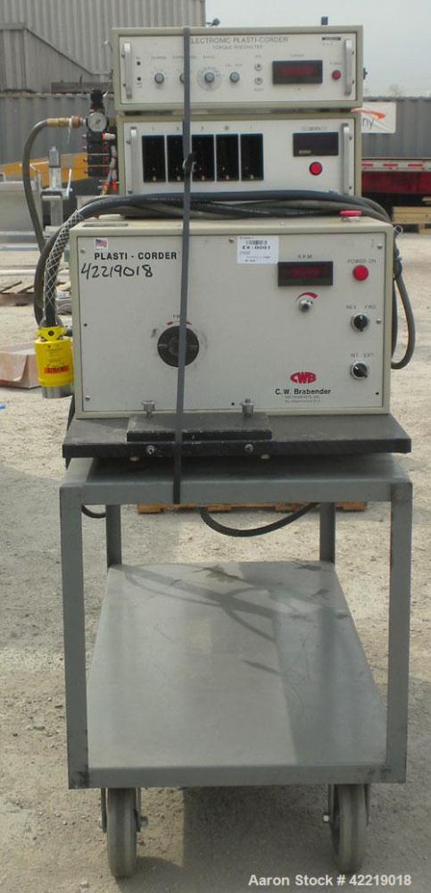 Used C.W. Brabender Plasti-Corder Mixing System consisting of: (1) Direct Current drive unit, model EPL-V5501, approximately 5 hp, 200 volt, 2500 rpm, ratio 25 to 1. (1) Electronic Plasti-Corder torq...