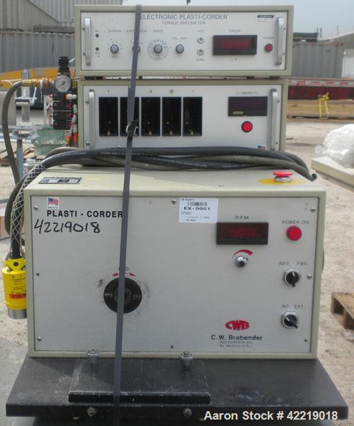 Used C.W. Brabender Plasti-Corder Mixing System consisting of: (1) Direct Current drive unit, model EPL-V5501, approximately 5 hp, 200 volt, 2500 rpm, ratio 25 to 1. (1) Electronic Plasti-Corder torq...
