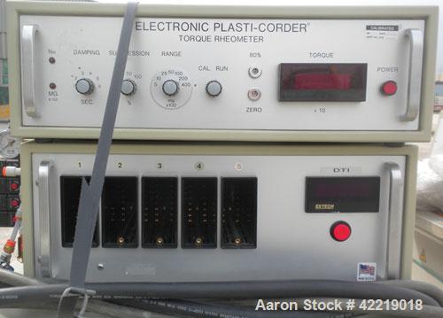 Used C.W. Brabender Plasti-Corder Mixing System consisting of: (1) Direct Current drive unit, model EPL-V5501, approximately 5 hp, 200 volt, 2500 rpm, ratio 25 to 1. (1) Electronic Plasti-Corder torq...