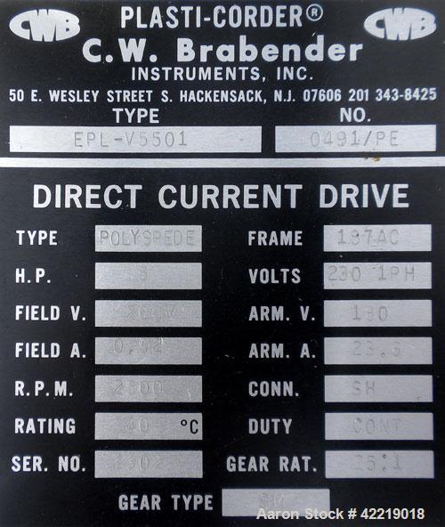 Used C.W. Brabender Plasti-Corder Mixing System consisting of: (1) Direct Current drive unit, model EPL-V5501, approximately 5 hp, 200 volt, 2500 rpm, ratio 25 to 1. (1) Electronic Plasti-Corder torq...