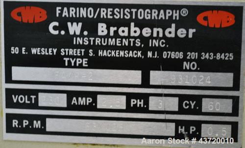 Used C.W. Brabender Farinograph/ Resistograph, Model FA/R-2.Designed to measure the water absorption of flours, determine the rheological properties of dough, check production and flour blends in the...