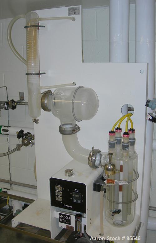 USED: Corning Glass Works Mega-Pure automatic water distillation unit, model MP-11A, glass construction. Production volume 13 liters per hour, cooling water capacity 130 liters per hour. (4) heaters,...