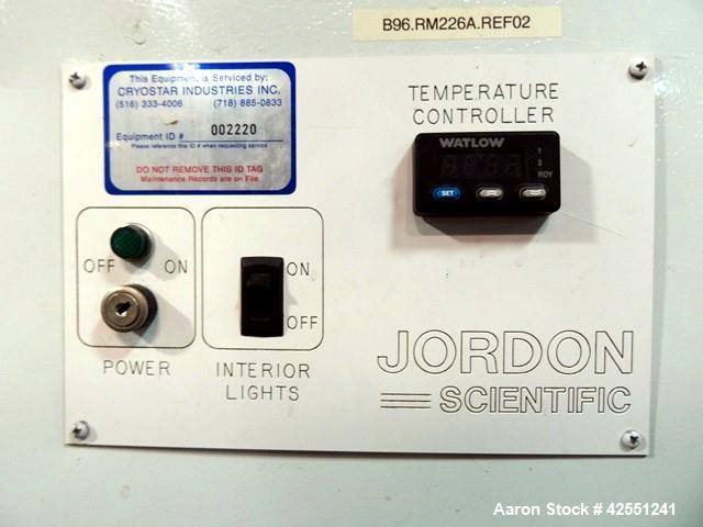 Used Jordon Scientific Freezer, Model FT-2-BRGCH-V2. Dual sided with dual glass doors, approximately 23" wide x 25" deep shelf spacing. Has 1/3 hp compressor with R134a refrigerant. 115 volt. Serial#...