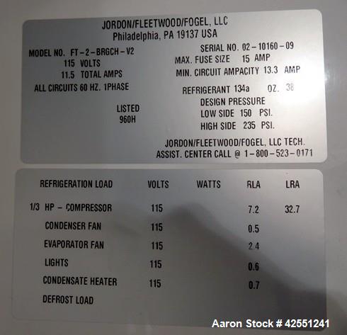 Used Jordon Scientific Freezer, Model FT-2-BRGCH-V2. Dual sided with dual glass doors, approximately 23" wide x 25" deep shelf spacing. Has 1/3 hp compressor with R134a refrigerant. 115 volt. Serial#...