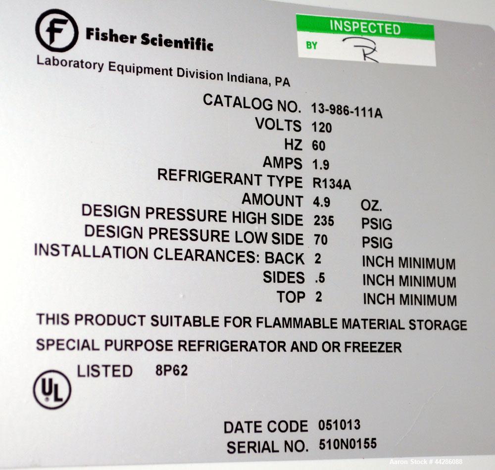 Used Fisher Scientific Isotemp Flammable Material Storage Refrigerator / Freezer, Catalog# 13-986-111. Approximate 11 cubic feet refrigerator storage, approximate 2.4 cubic feet freezer storage. R134...