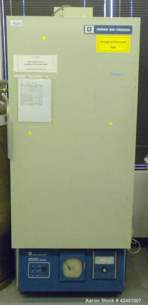 Used Forma Scientific Ultra Low Temperature Upright Freezer, Model 8200UL, Approximate 13 Cubic Foot. Chamber measures 22" wide x 19" deep x 51 1/2" high. (3) adjustable shelves. Type R12 refrigerant...
