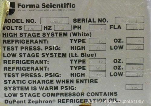 Used Forma Scientific Ultra Low Temperature Upright Freezer, Model 8200UL, Approximate 13 Cubic Foot. Chamber measures 22" wide x 19" deep x 51 1/2" high. (3) adjustable shelves. Type R12 refrigerant...