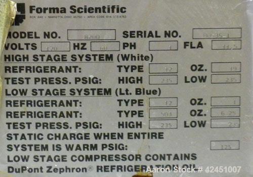 Used- Forma Scientific Ultra Low Temperature Upright Freezer, Model 8200UL, Approximate 13 Cubic Foot. Chamber measures 22" ...