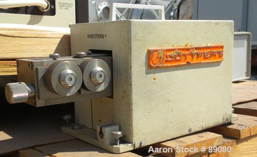 Used Gottfert Capillary Rheometer, Model 012.01, Series 1000. Approximate 9.5 mm diameter x 200 mm long test barrel, rated up to 400 Degrees C, 10 kn test force. Includes a Rheotens electronic tensil...