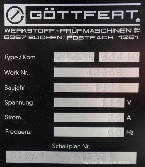 Used Gottfert Capillary Rheometer, Model 012.01, Series 1000. Approximate 9.5 mm diameter x 200 mm long test barrel, rated up to 400 Degrees C, 10 kn test force. Includes a Rheotens electronic tensil...